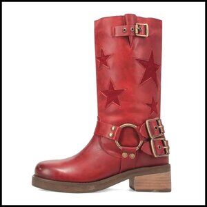 Women's Knee High Riding Boots Square Toe Chunky Heel Buckle Belts Cowgirl